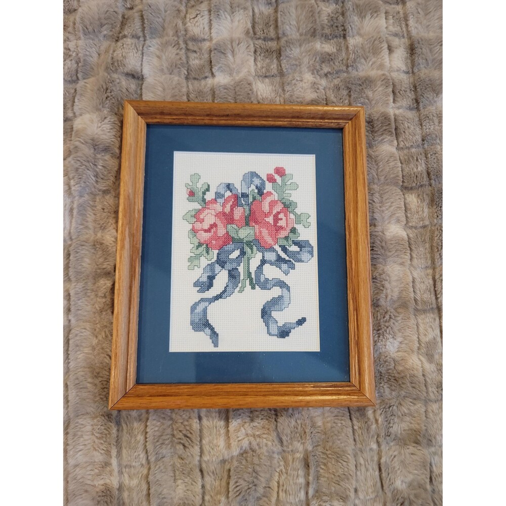Vintage Handmade Pink Roses and Blue Ribbon Cross-stitch Art in Wood Frame 9x11